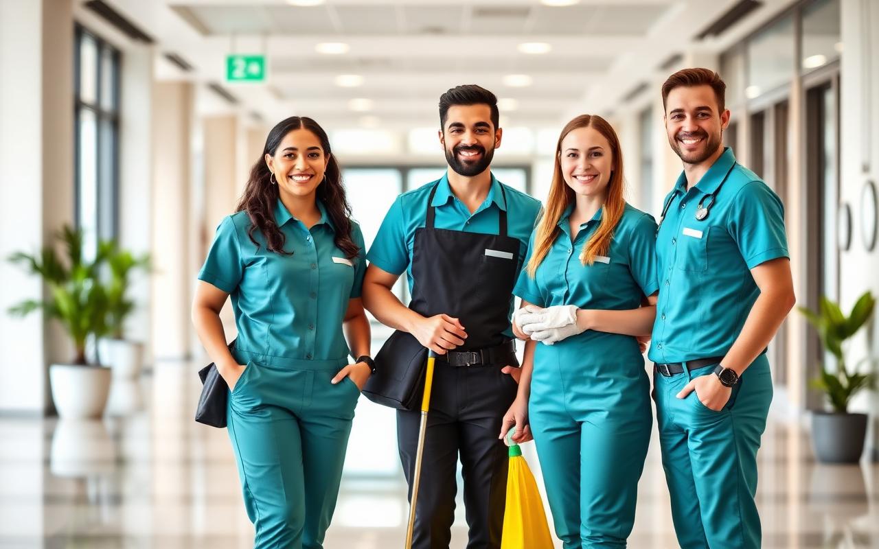 Diverse team of professional commercial cleaners in uniform